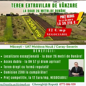 Macesti jud. CS - Teren extravilan de vanzare - la doar 26 metri de Dunare - Macesti