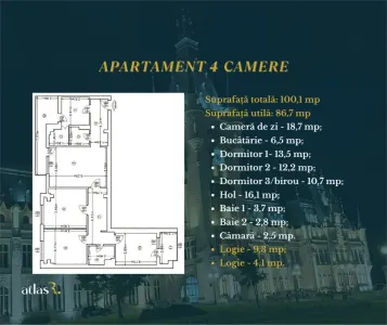 Apartament 4 camere | 100 mp | etaj 3 | Centru | Bloc 1980 - Iasi