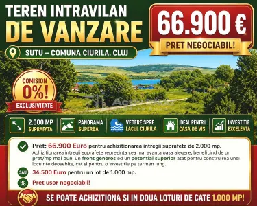 Vanzare - Teren intravilan  - Cluj  -  Sutu - Comuna Ciurila – Teren  2000mp - Panorama superba catre Lacul Ciurila - 66900E  -  Comision  0 ! - Ciurila