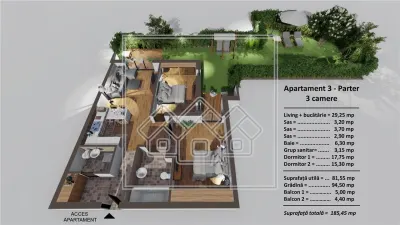 Ap.cu 3 camere, 2 balcoane si o  gradina de 95 mp, zona Turnisor - foto 4
